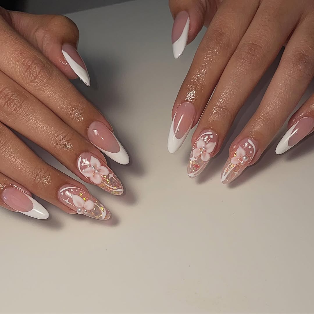 Clear French Tip Almond Nails With 3D Flowers