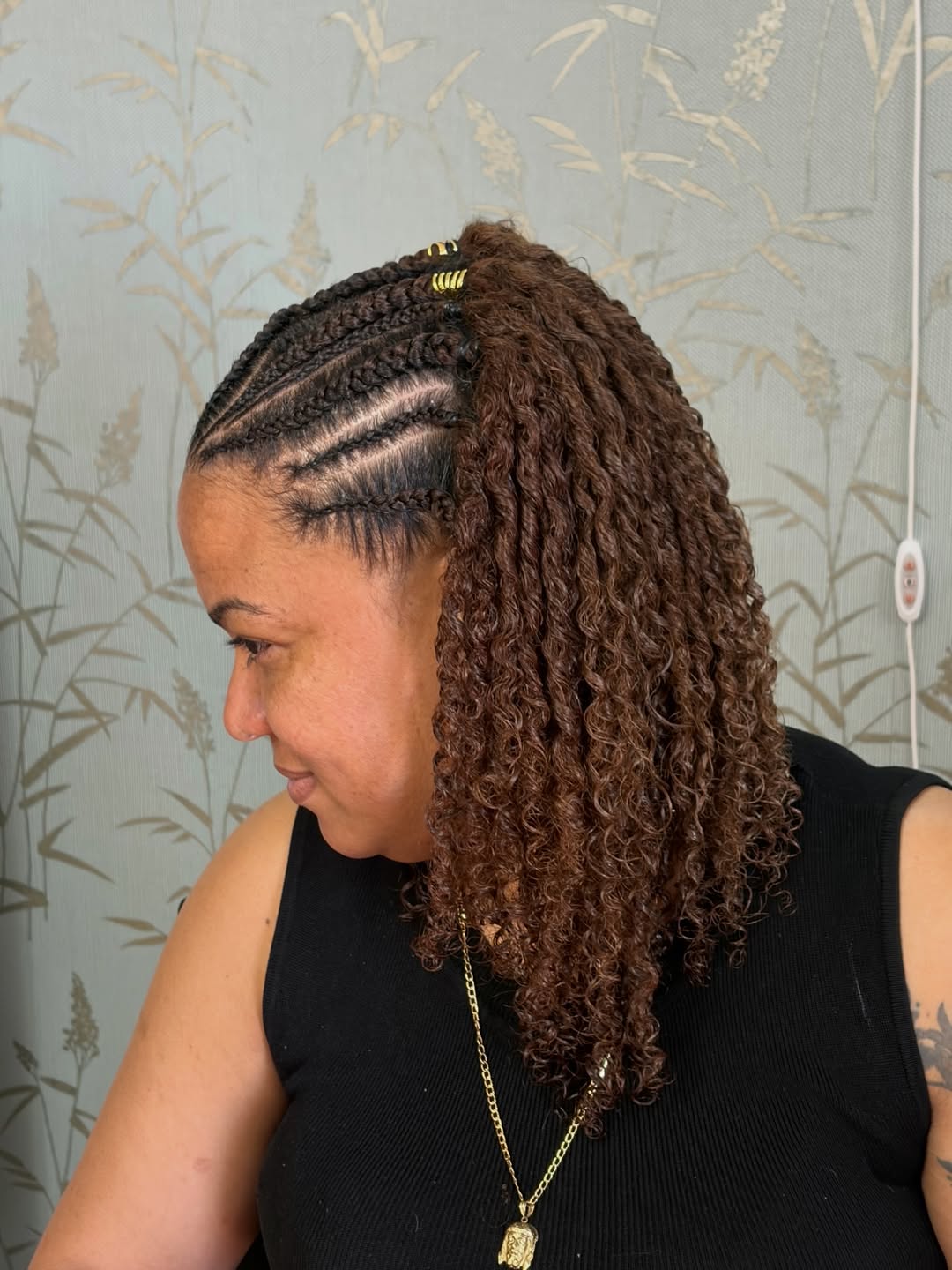 Cornrow Braids to Curly Ponytail With Gold Accents