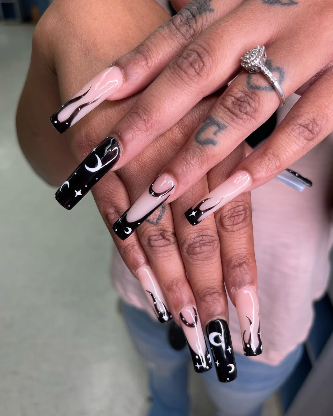 Cosmic Black French Tips with Crescent Moon & Stars