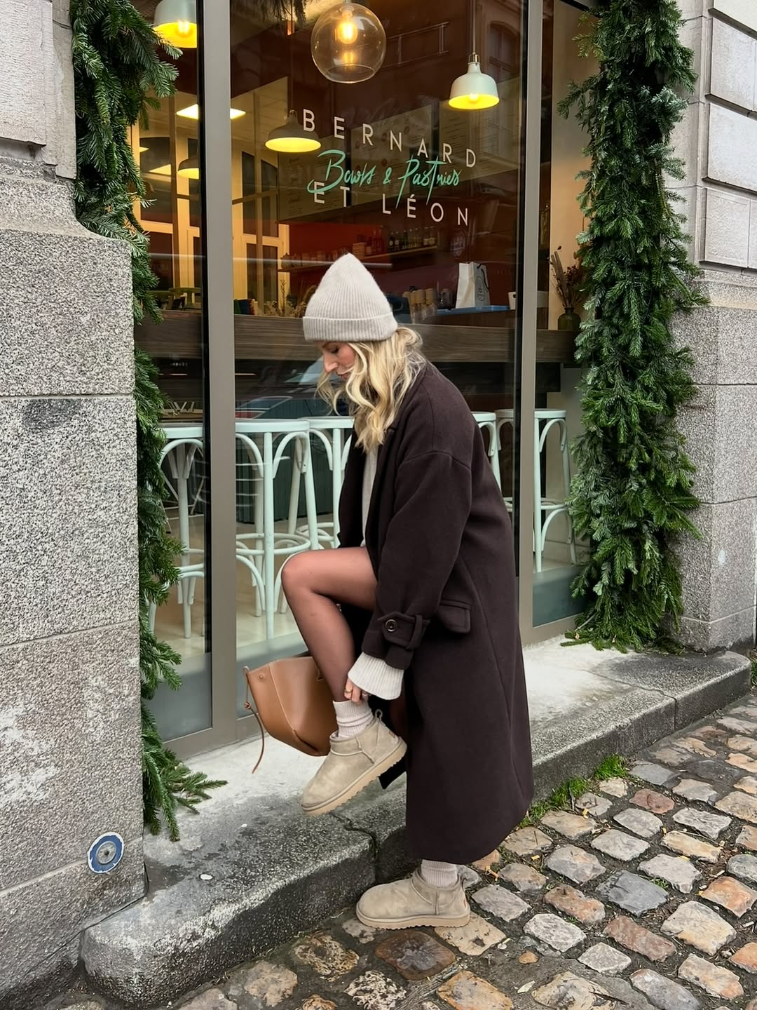 Cozy Brown Coat With Uggs and Beanie Outfit