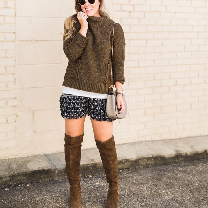 Cozy Knit Sweater With Printed Shorts & Boots