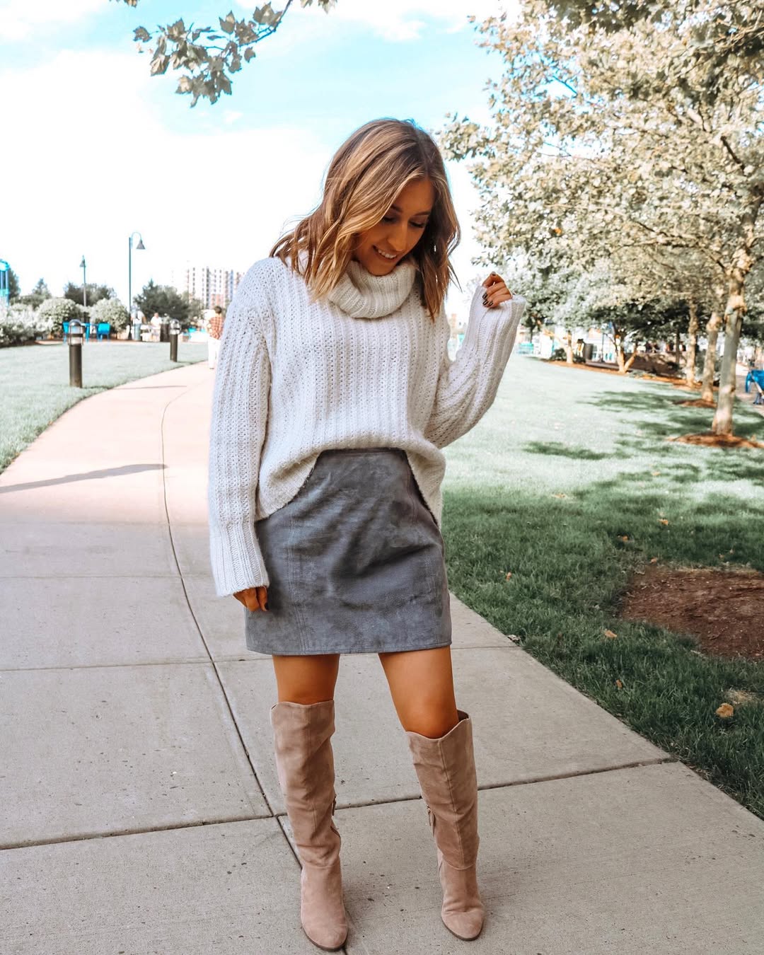 Cozy Knit Turtleneck With Suede Skirt And Boots