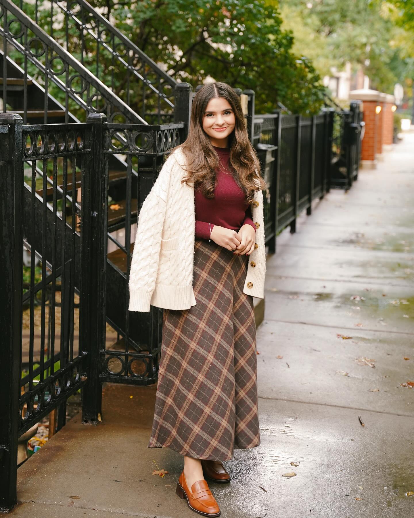 29 Chic Fall Skirt Outfits You Need for 2026 6 Cozy Plaid Maxi Skirt With Cable Knit Cardigan