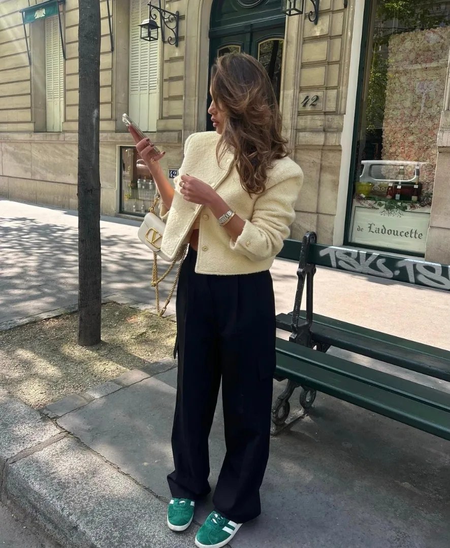 Cream Cropped Blazer With Black Wide-Leg Trousers