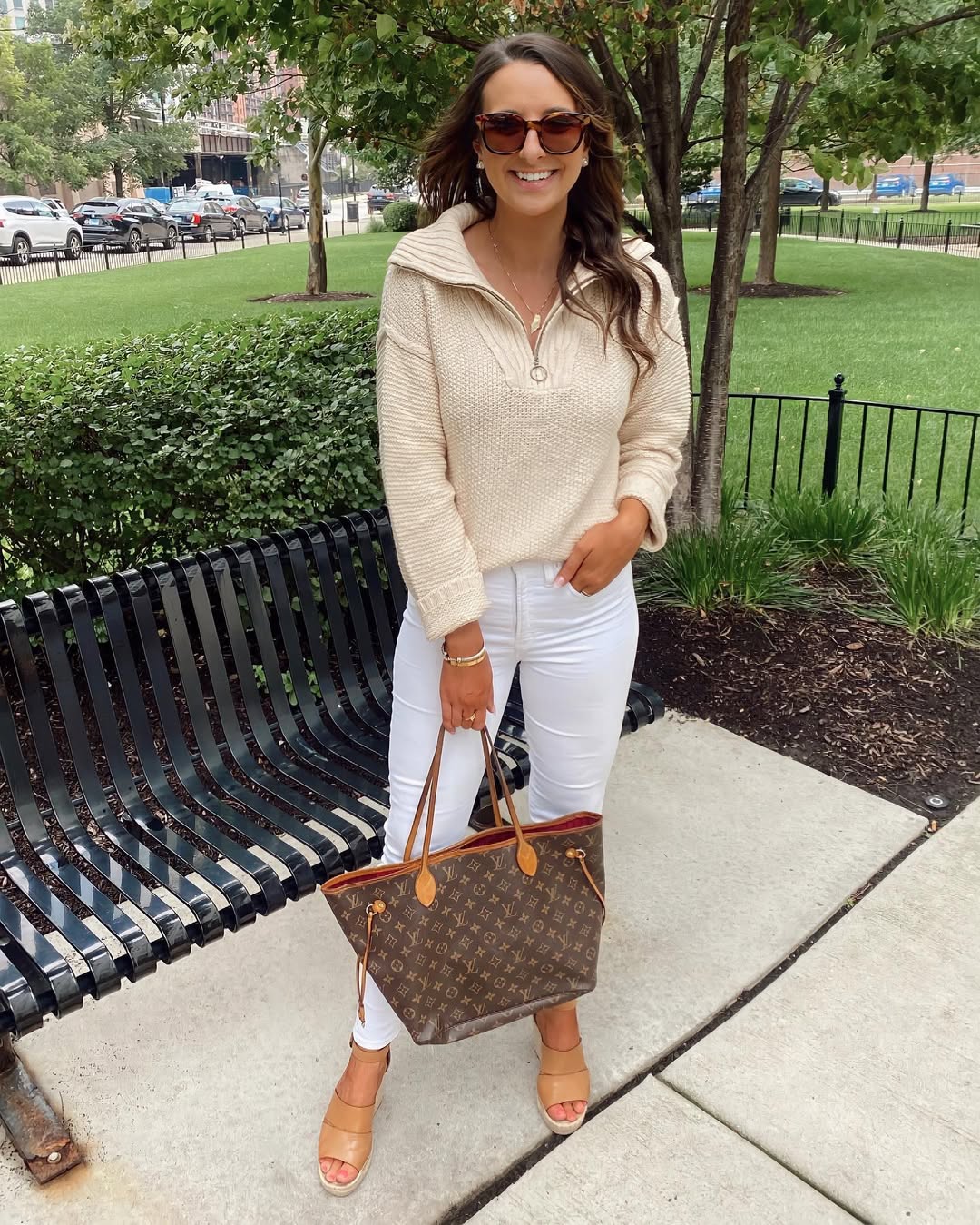 25 Fall Transition Outfits You Need for 2026 19 Cream Quarter Zip Sweater With White Denim
