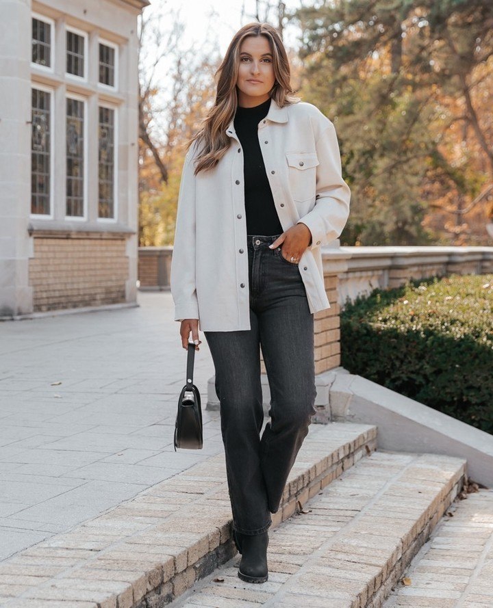 Cream Shacket & Dark Wash Denim Office Casual