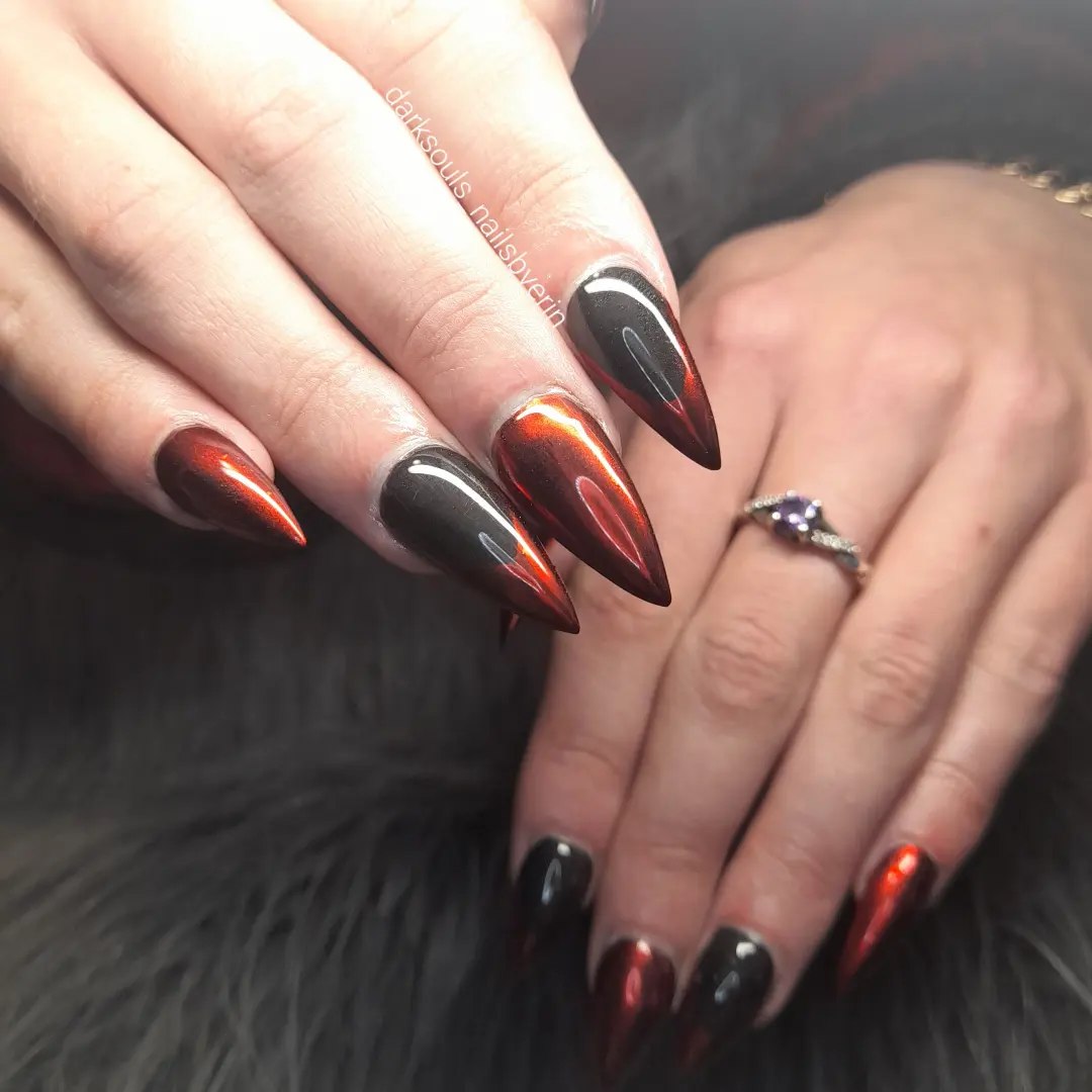 Crimson Black Ombre Reflective Stiletto Nails