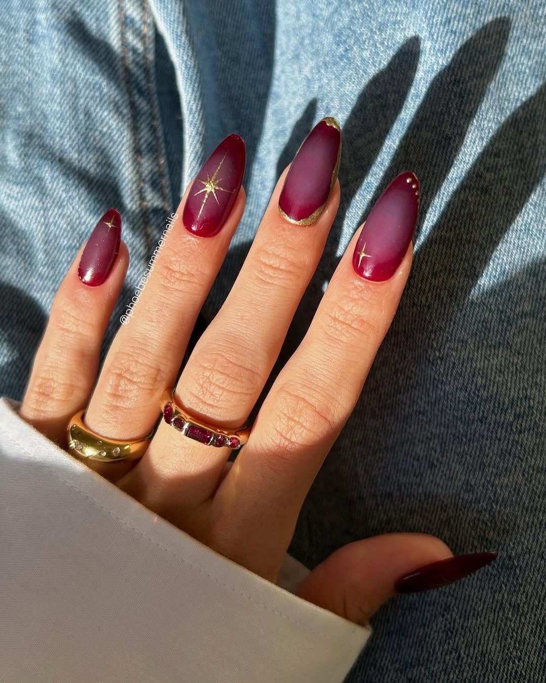 Crimson Wine Gradient Almond Nails with Gold Star Art