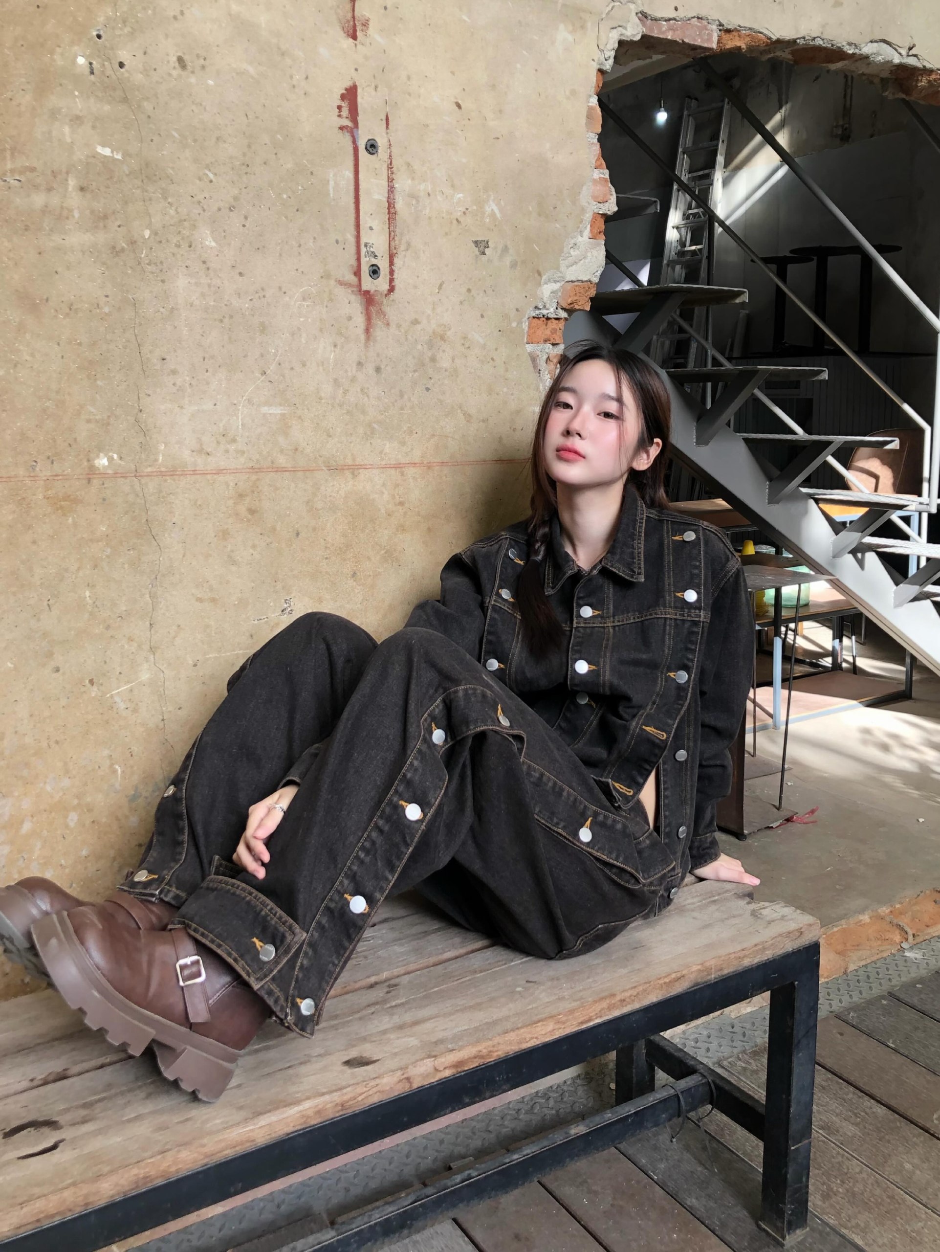 25 Denim on Denim Looks You Need for 2026 22 Dark Wash Denim Co-ord With Chunky Boots