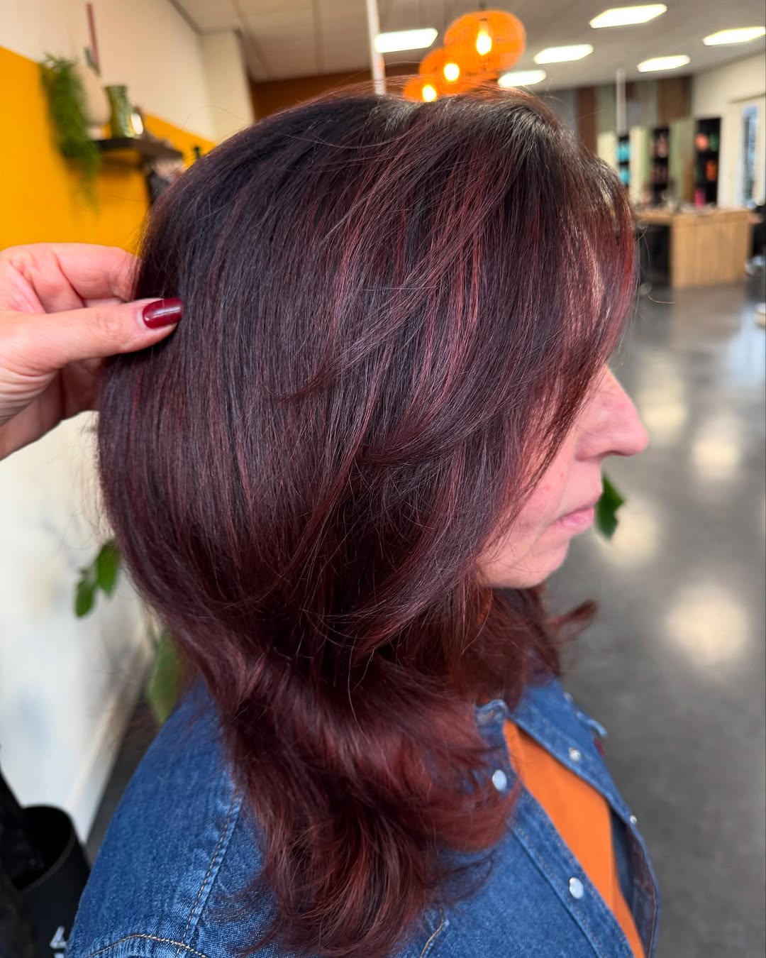 Deep Cherry Brown Layered Medium Hair