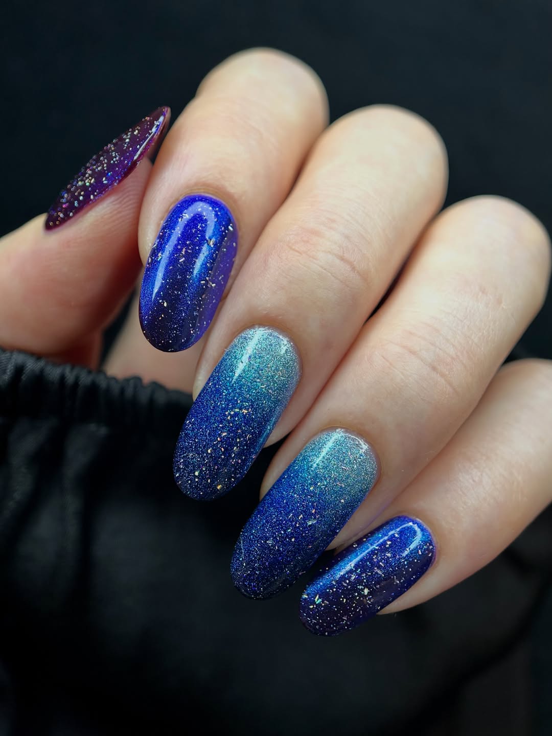 Deep Ocean Blue Glitter Gradient Oval Nails