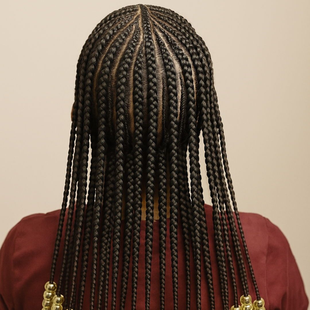 Defined Medium Box Braids With Gold Beads