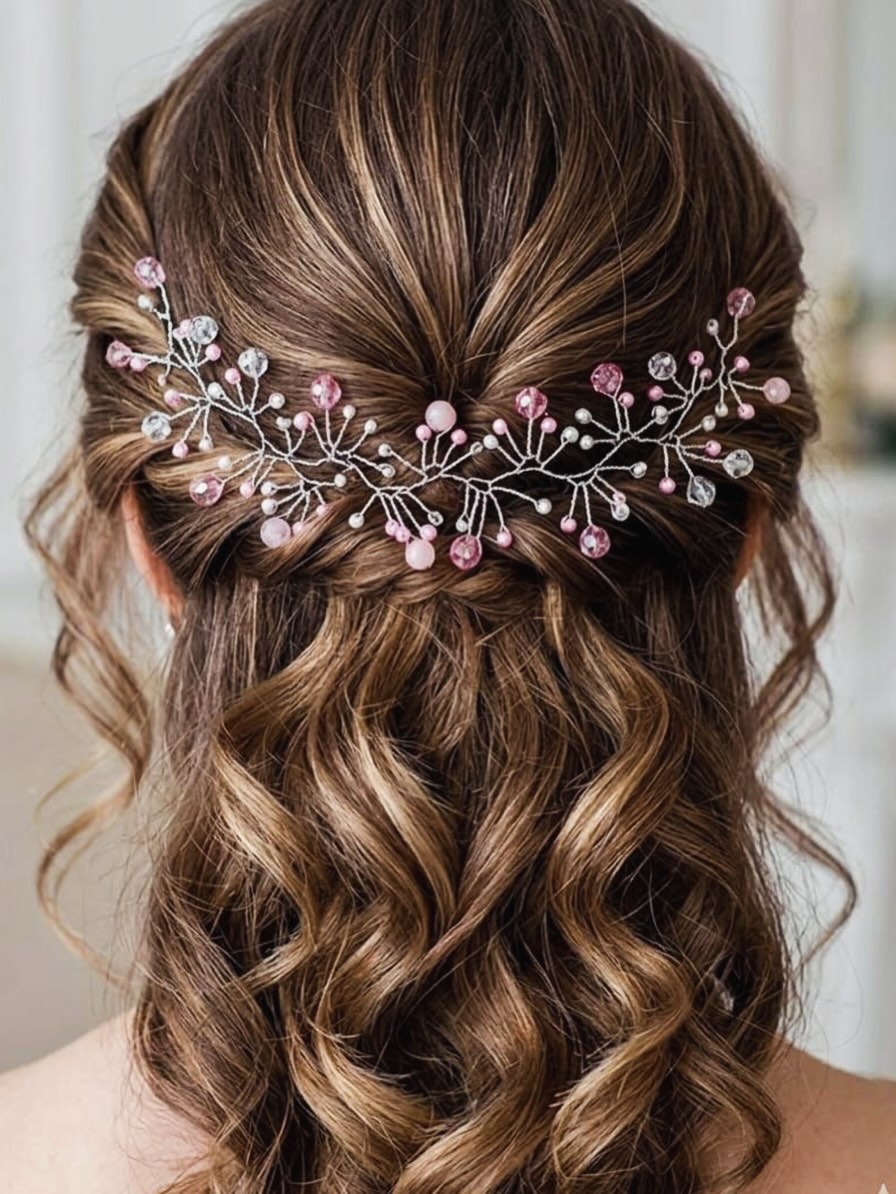 Delicate Floral Hair Vine Half-Up Engagement Hairstyle