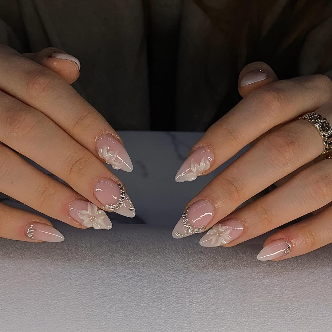 Delicate Pink French Tips With 3D Floral Embellishments