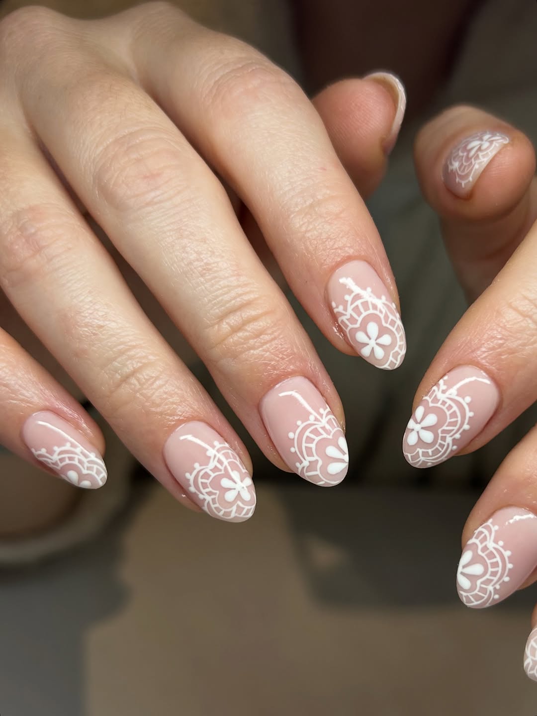 Delicate White Lace Almond Nude Nails