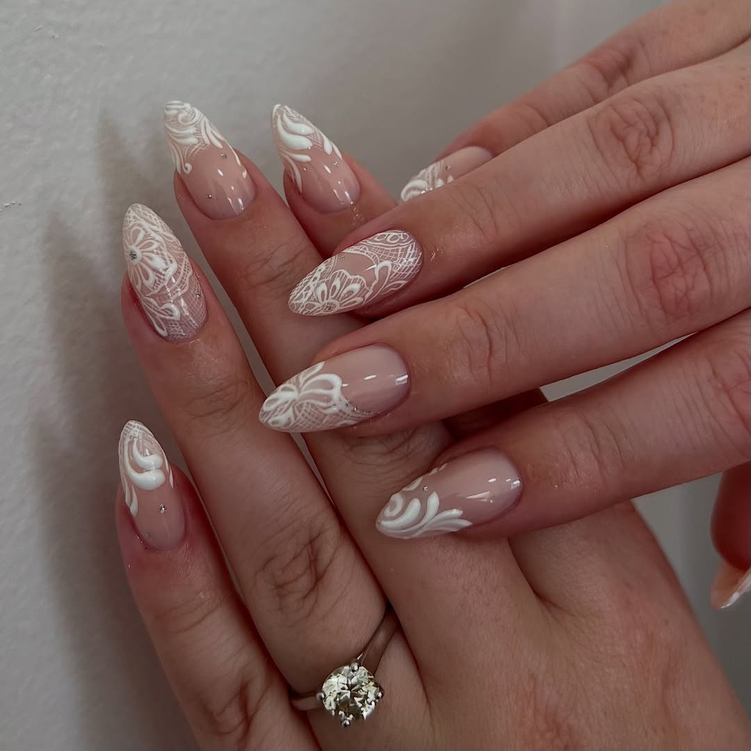 Delicate White Lace Wedding Guest Almond Nails