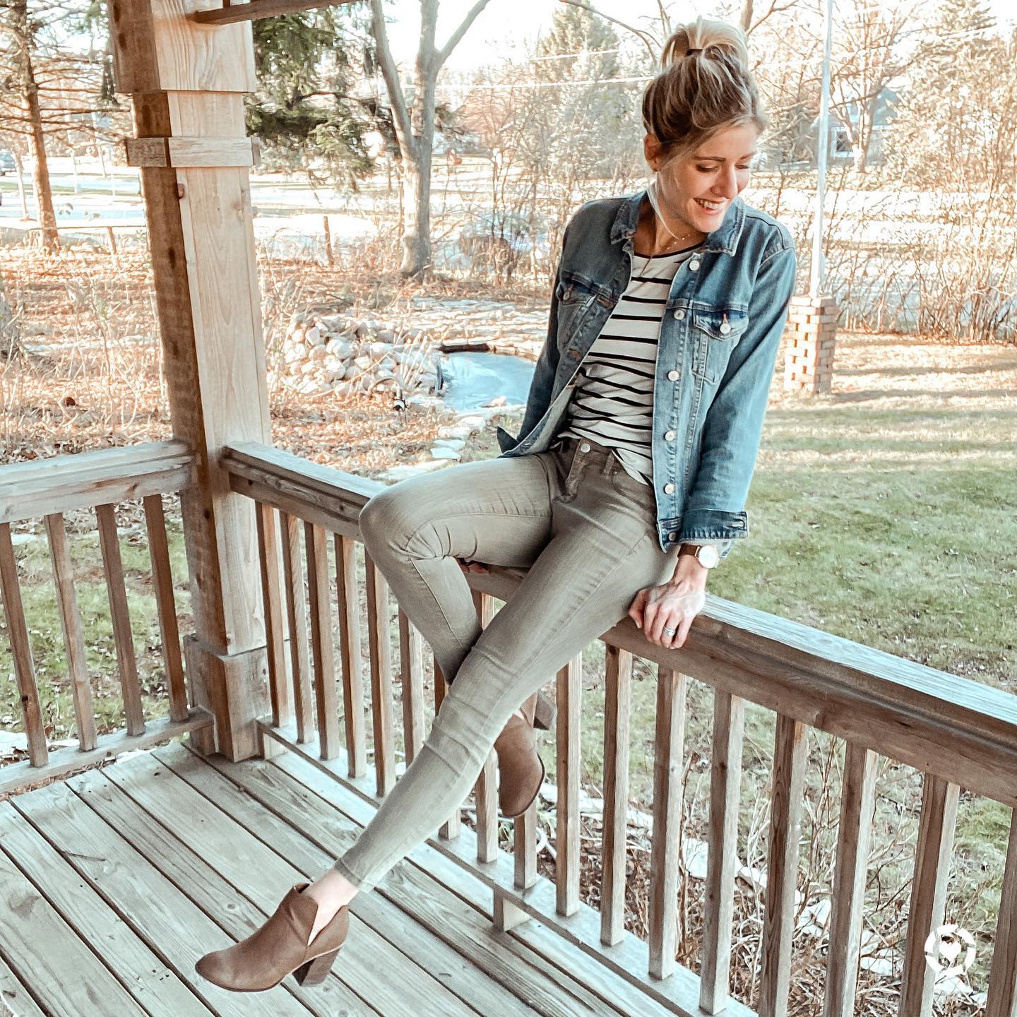 27 Jean Jacket Outfits You Need for 2026 23 Denim Jacket And Olive Skinny Jean Casual Style