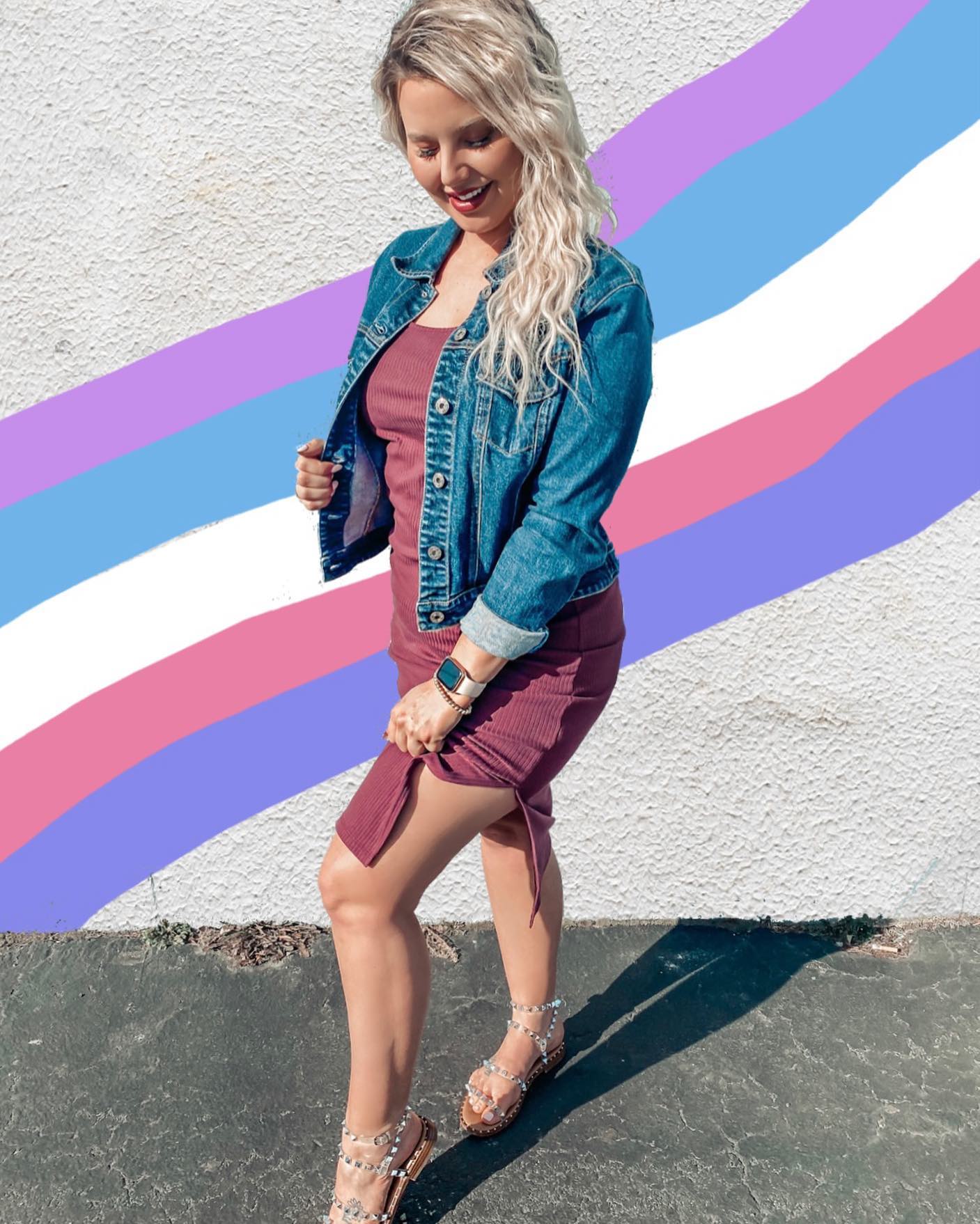 27 Jean Jacket Outfits You Need for 2026 18 Denim Jacket Over Ribbed Knit Dress And Studded Sandals