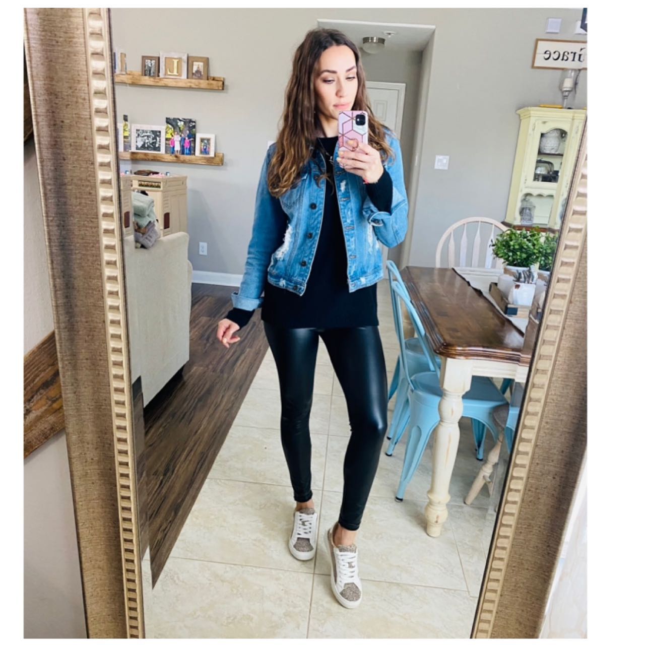 27 Jean Jacket Outfits You Need for 2026 13 Denim Jacket With Faux Leather Leggings And Sneakers