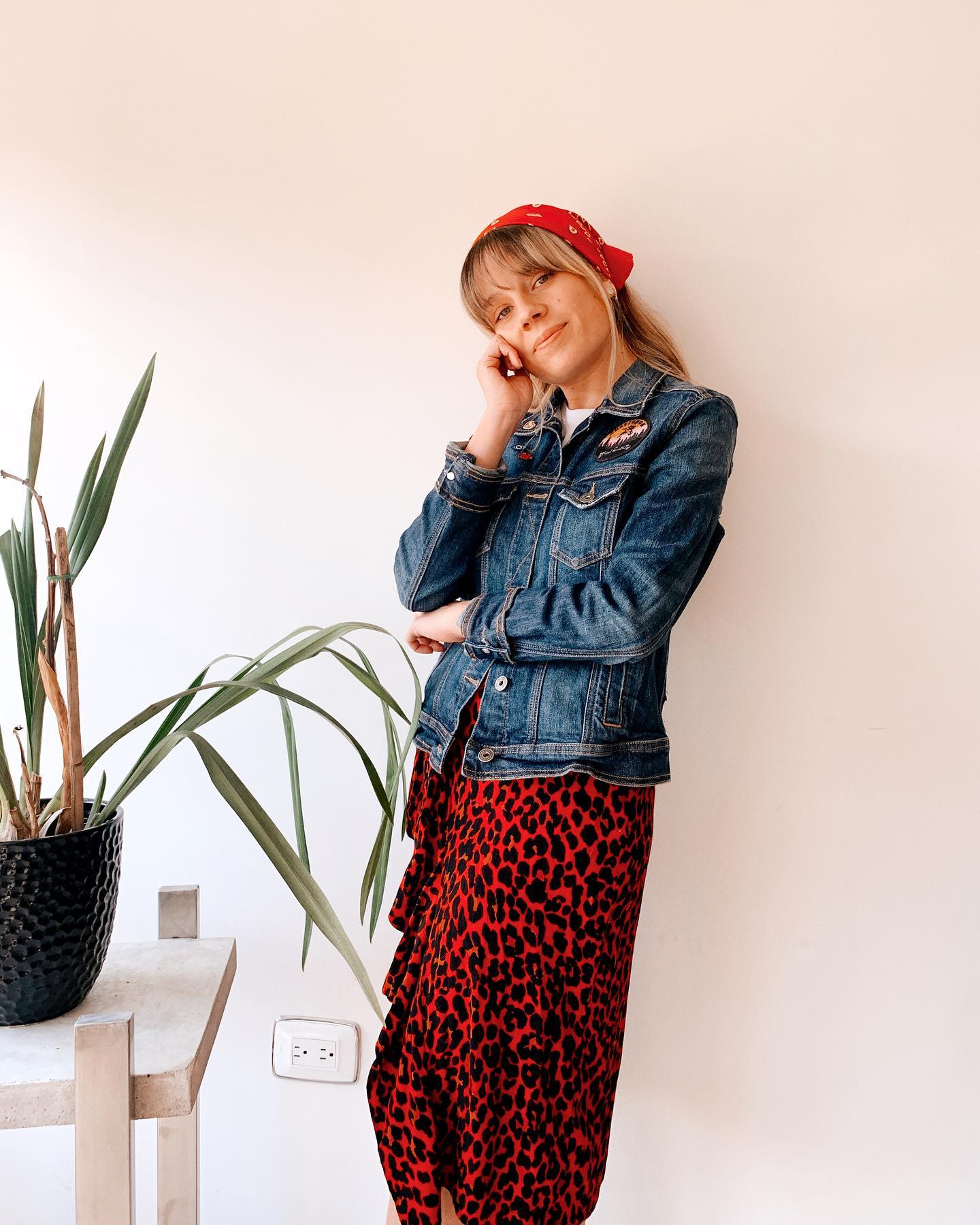 27 Jean Jacket Outfits You Need for 2026 17 Denim Jacket With Red Leopard Print Midi Skirt