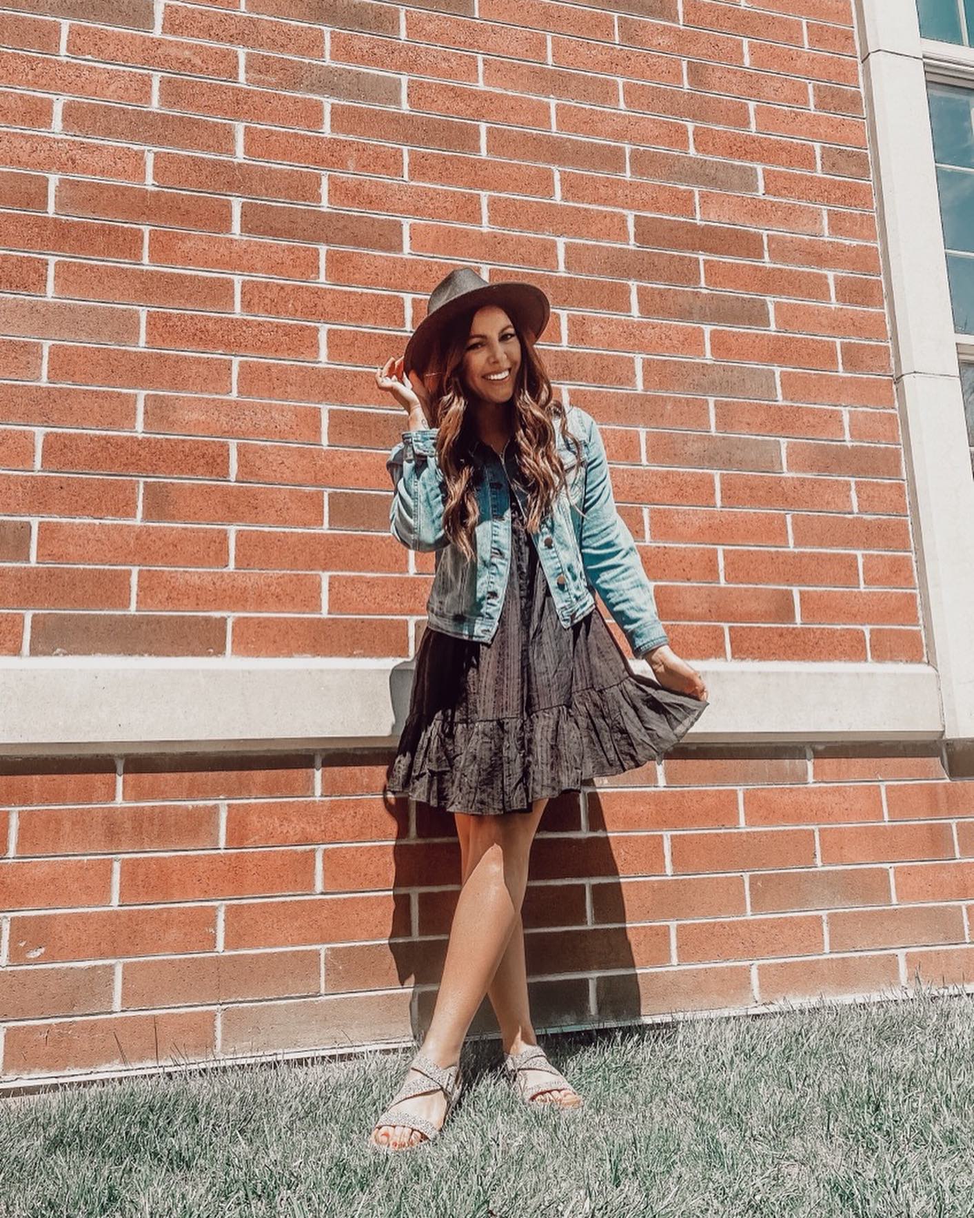 27 Jean Jacket Outfits You Need for 2026 7 Denim Jacket With Tiered Mini Dress And Hat