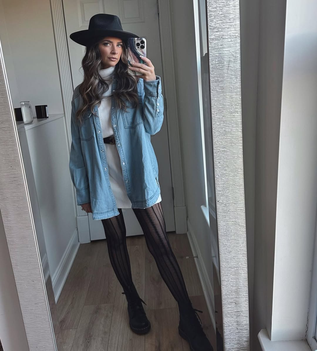 25 Dress with Tights Trends You Must See for 2026 5 Denim Overshirt Over White Turtleneck Dress Look
