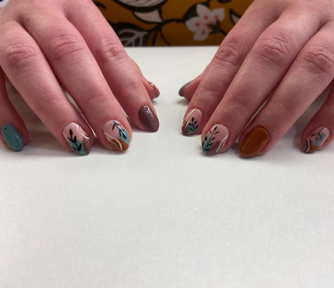 Earthy Tones Foliage Almond Nail Art