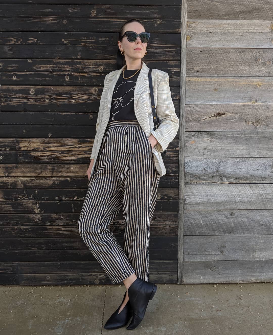 Eclectic Striped Trousers With Plaid Blazer Outfit