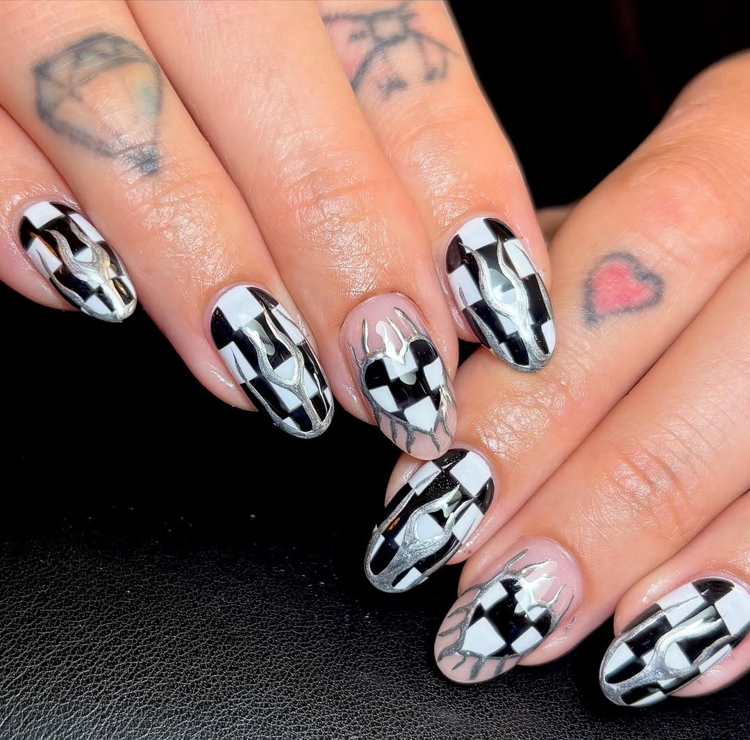 29 Checkerboard Nail Ideas for 2026 8 Edgy Checkerboard Silver Flame Almond Nails