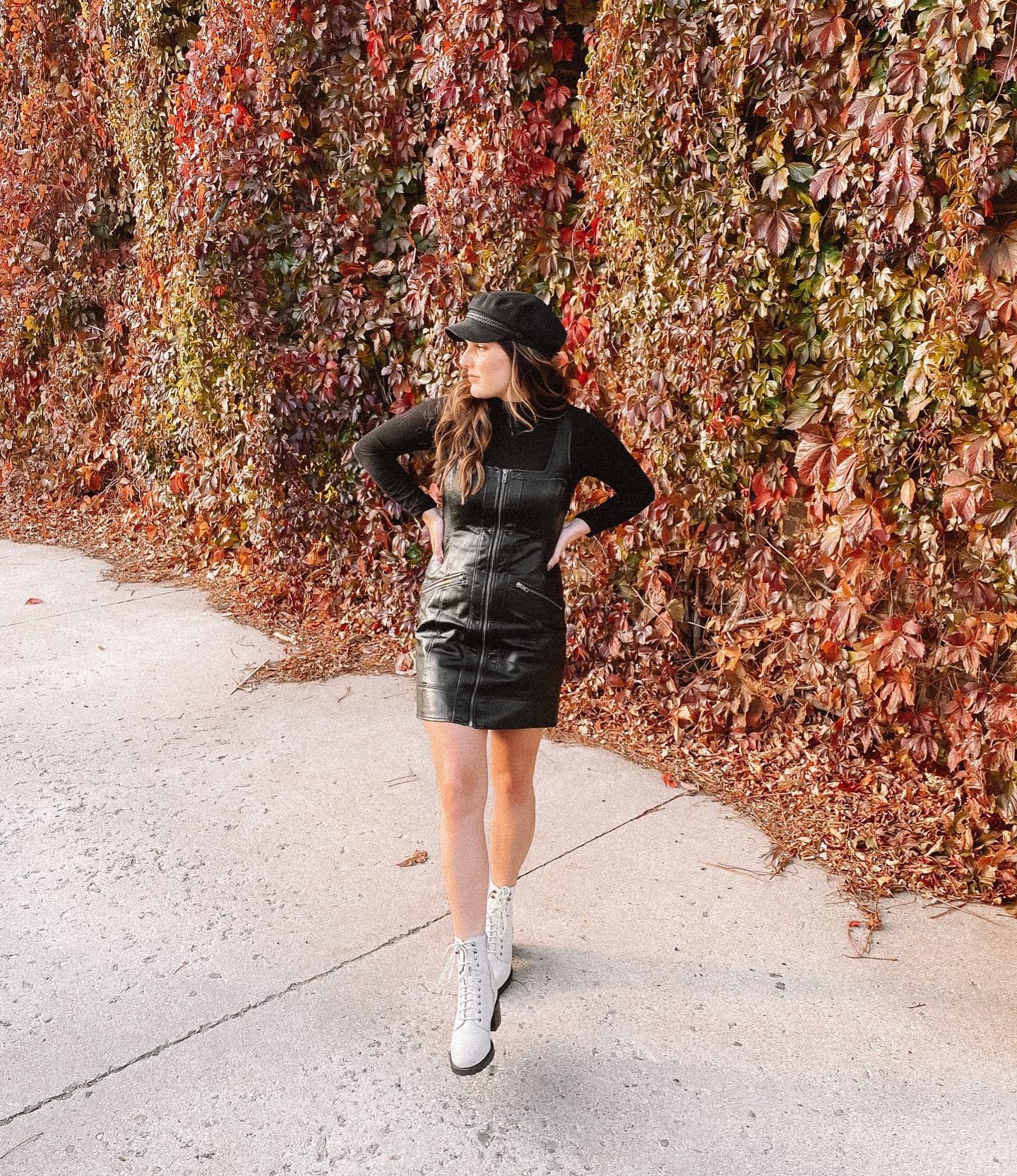 Edgy Faux Leather Mini Dress With Combat Boots
