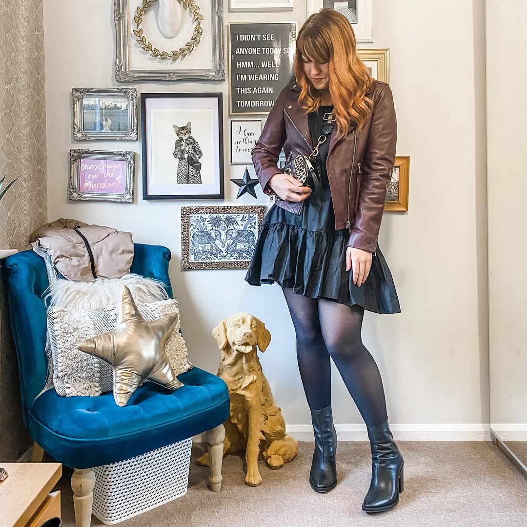 25 Dress with Tights Trends You Must See for 2026 6 Edgy Moto Jacket Over Tiered Black Dress Look