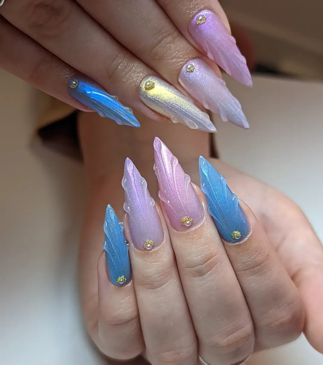 Ethereal Mermaid Scale Pearl Stiletto Nails