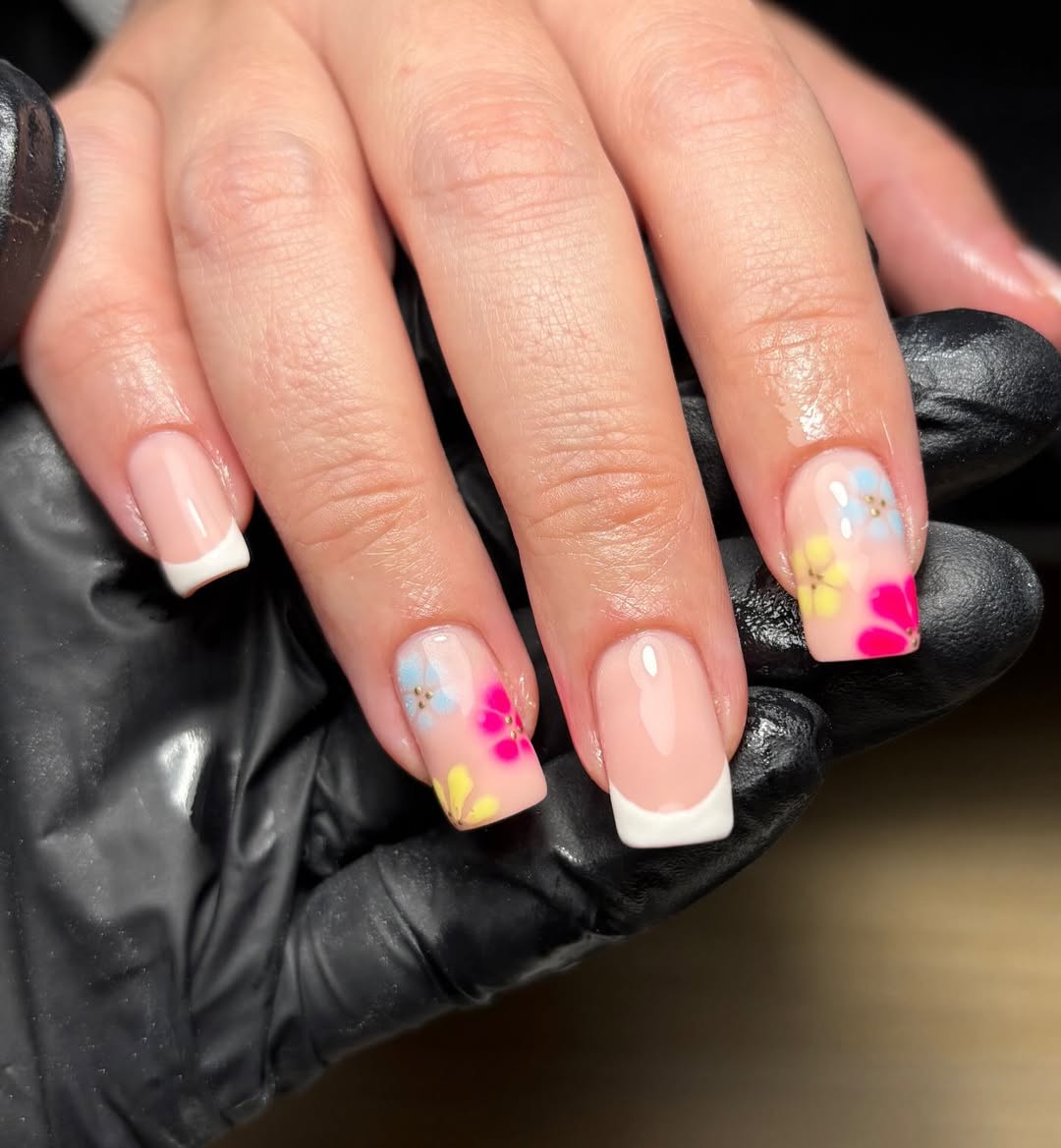 Floral French Tip Short Square Nails