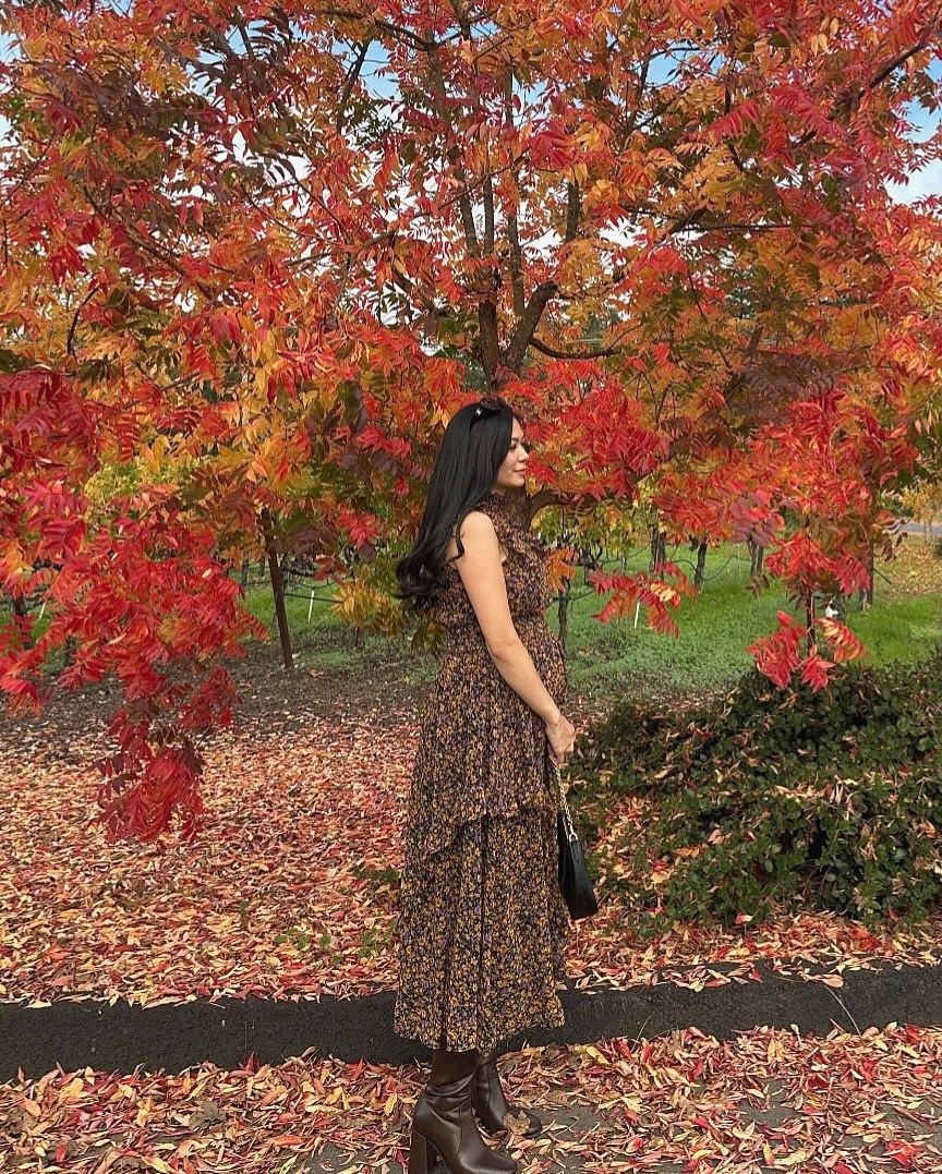 25 Fall Dress Outfits You Need For 2026 8 Floral Midi Dress Paired With Chunky Boots