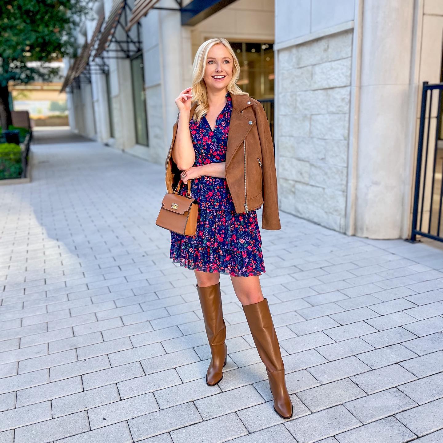 Floral Mini Dress With Suede Moto Jacket