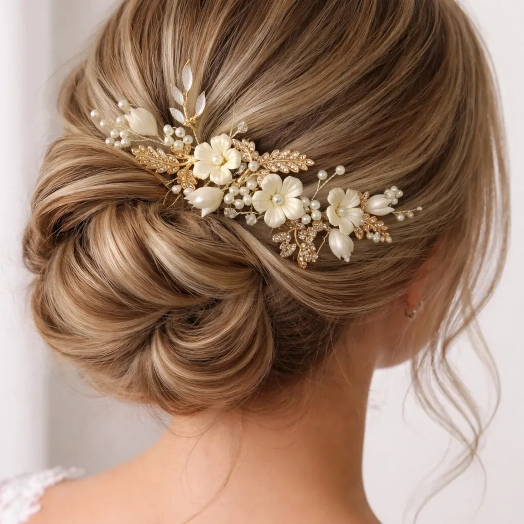 Floral Pearl Gold Bridal Hair Comb On Low Bun
