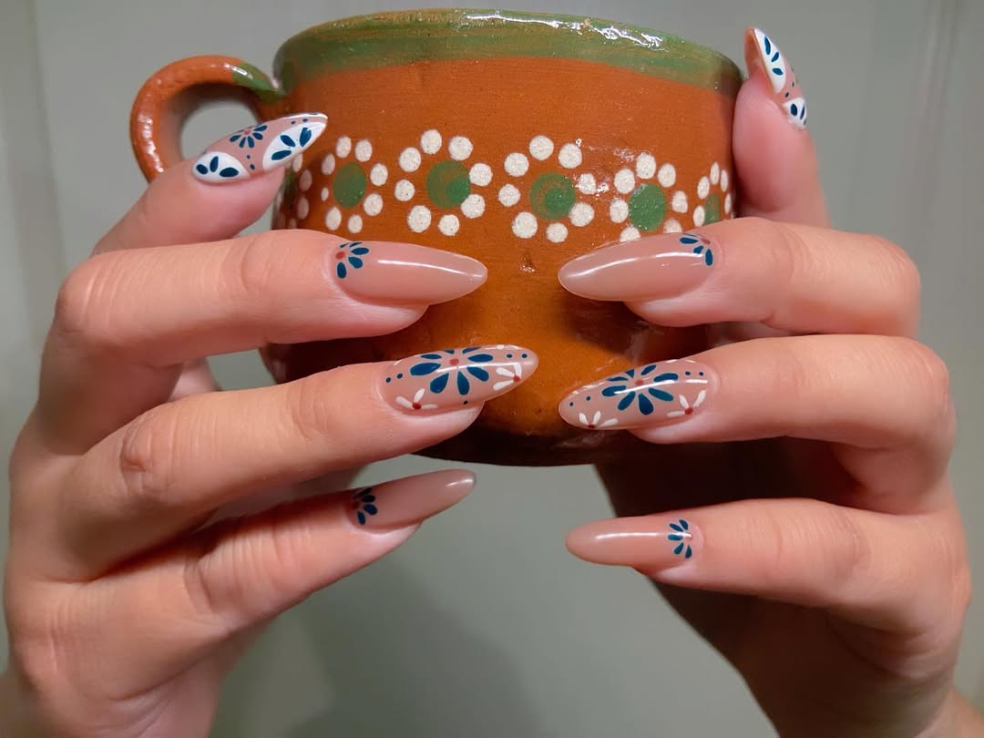 27 Stunning Mexican Nail Designs for 2026 9 Folksy Floral Nude Almond Nails