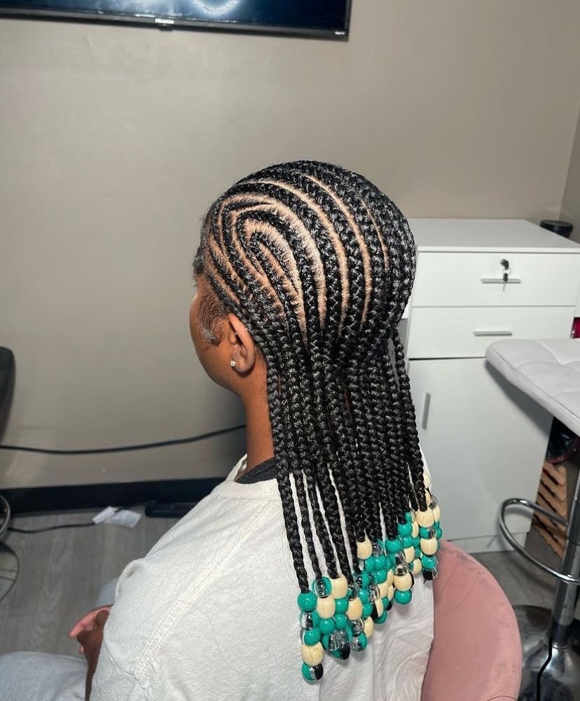 Geometric Cornrow Braids With Teal and Cream Beads