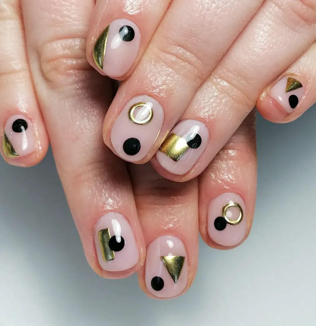 Geometric Gold and Black Short Pink Squoval Nails