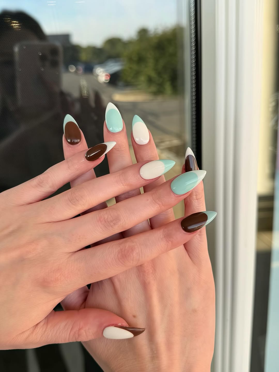 Geometric Mint White Chocolate Glossy Almond French Tips