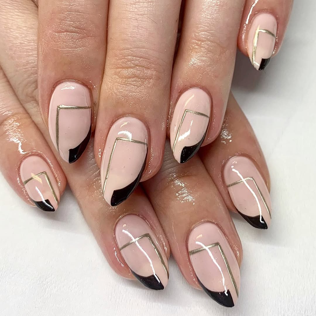 Geometric Pink Black Gold Abstract Nails