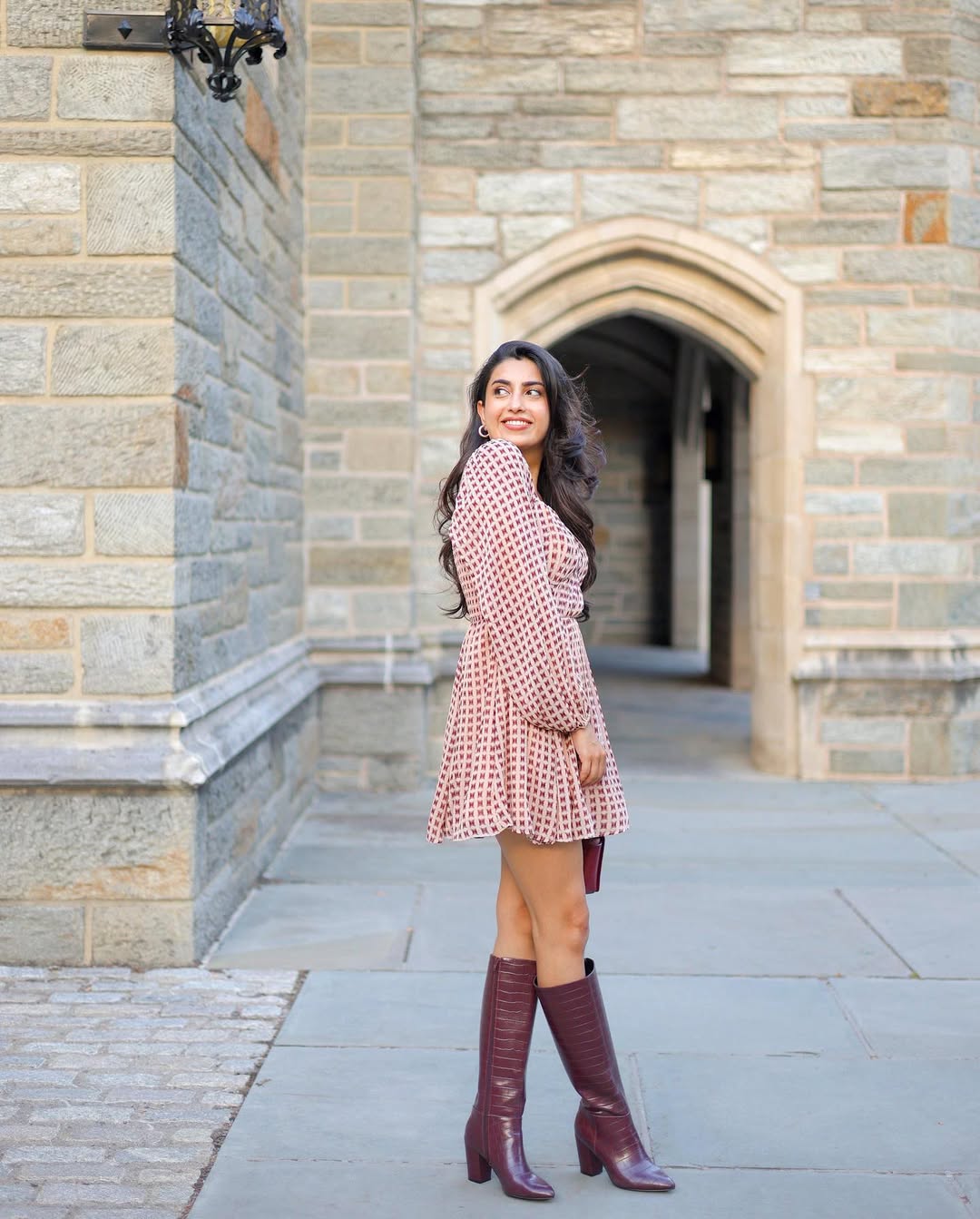30 Chic Fall Outfits Women Will Love in 2026 28 Geometric Print Mini Dress With Knee-High Boots