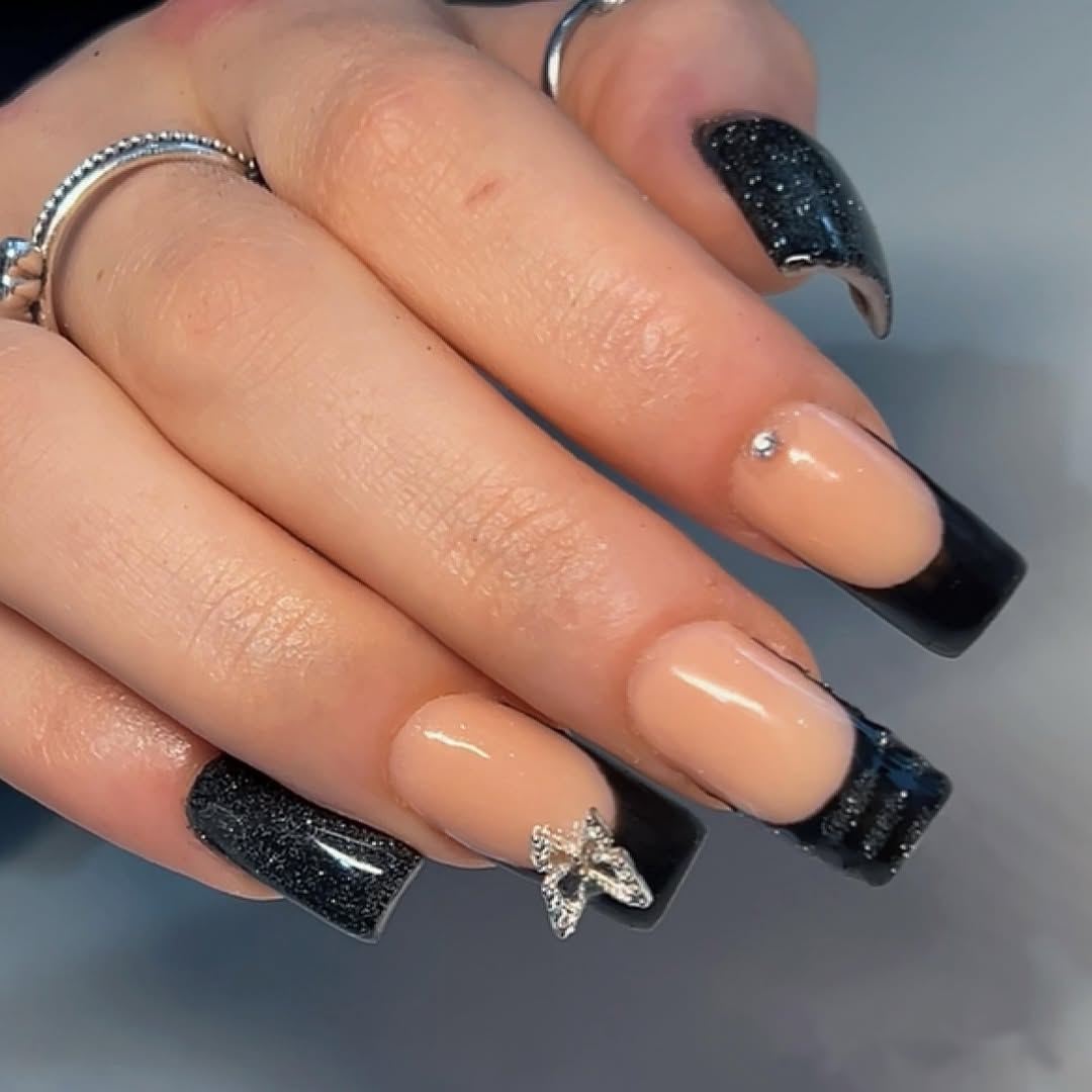 Glam Black Glitter French Tip Coffin Nails