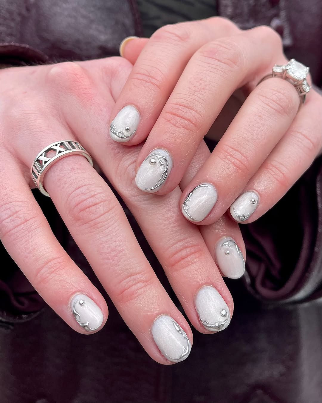 Glam White Shimmer Silver Outline 3D Details