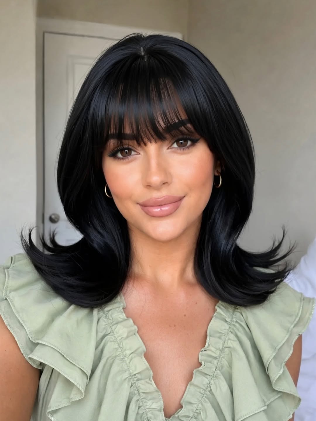 Glamorous Raven Black Medium Blowout With Full Fringe