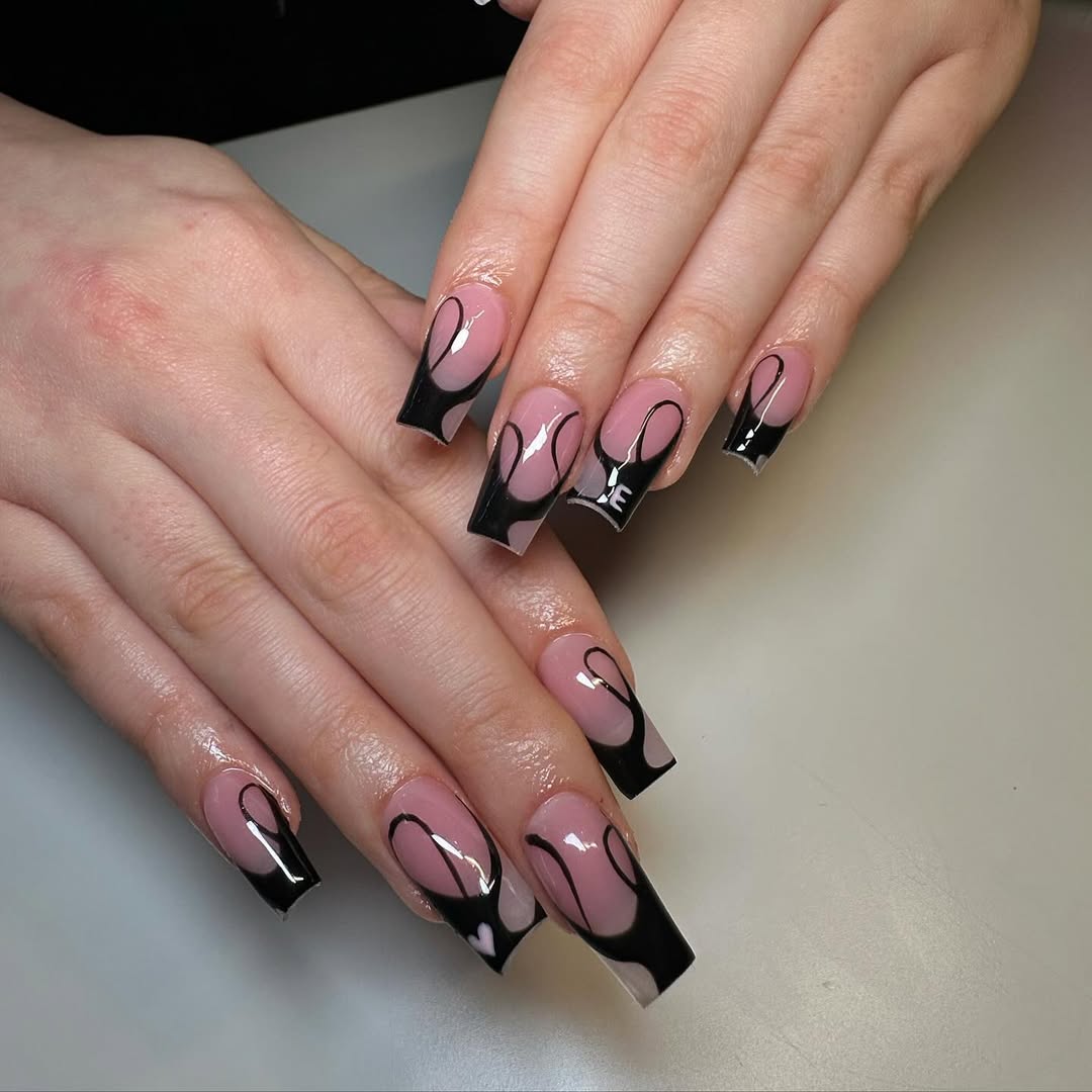 Glossy Black Abstract French Tip Overlay Coffin Nails
