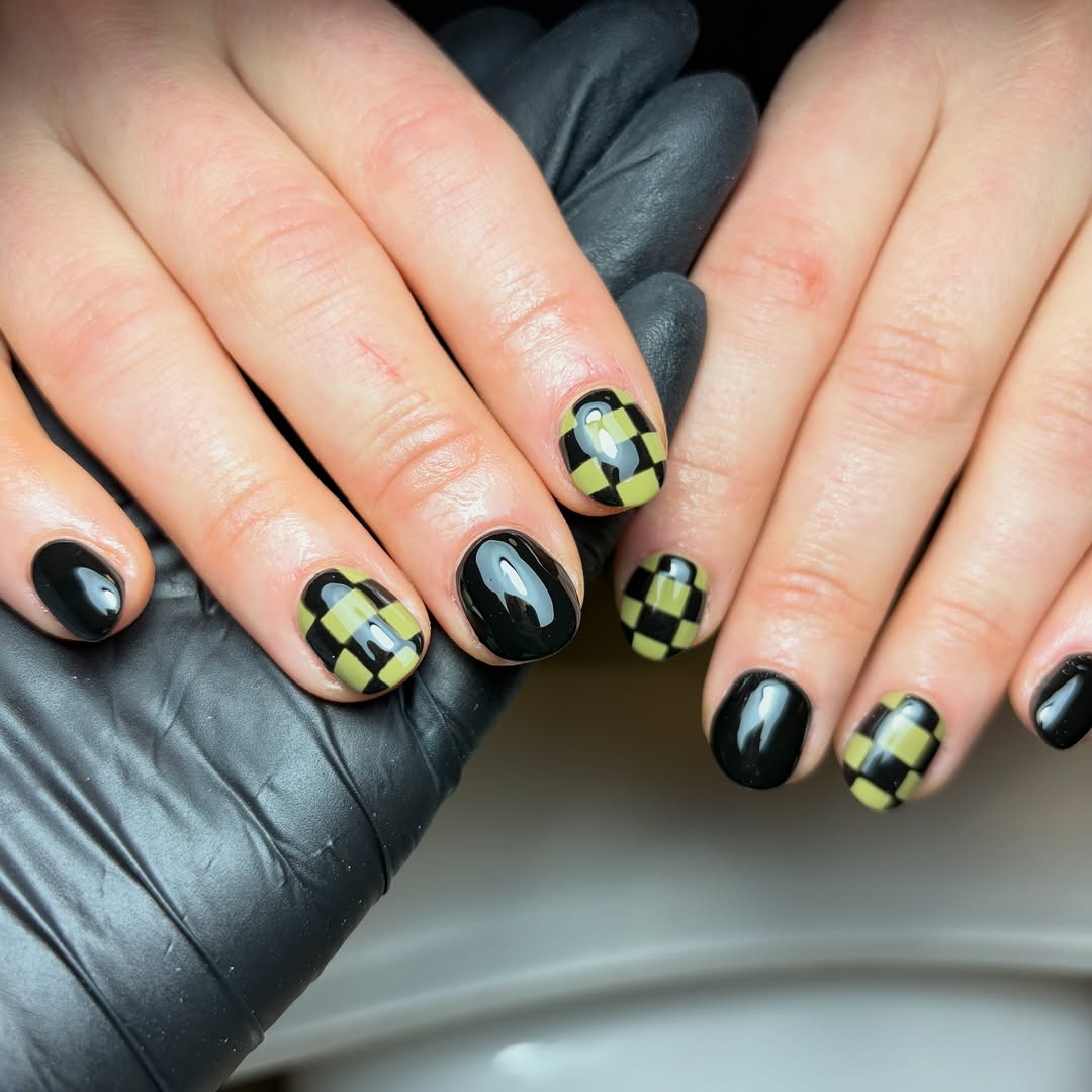 29 Checkerboard Nail Ideas for 2026 19 Glossy Black and Chartreuse Checkerboard Nails