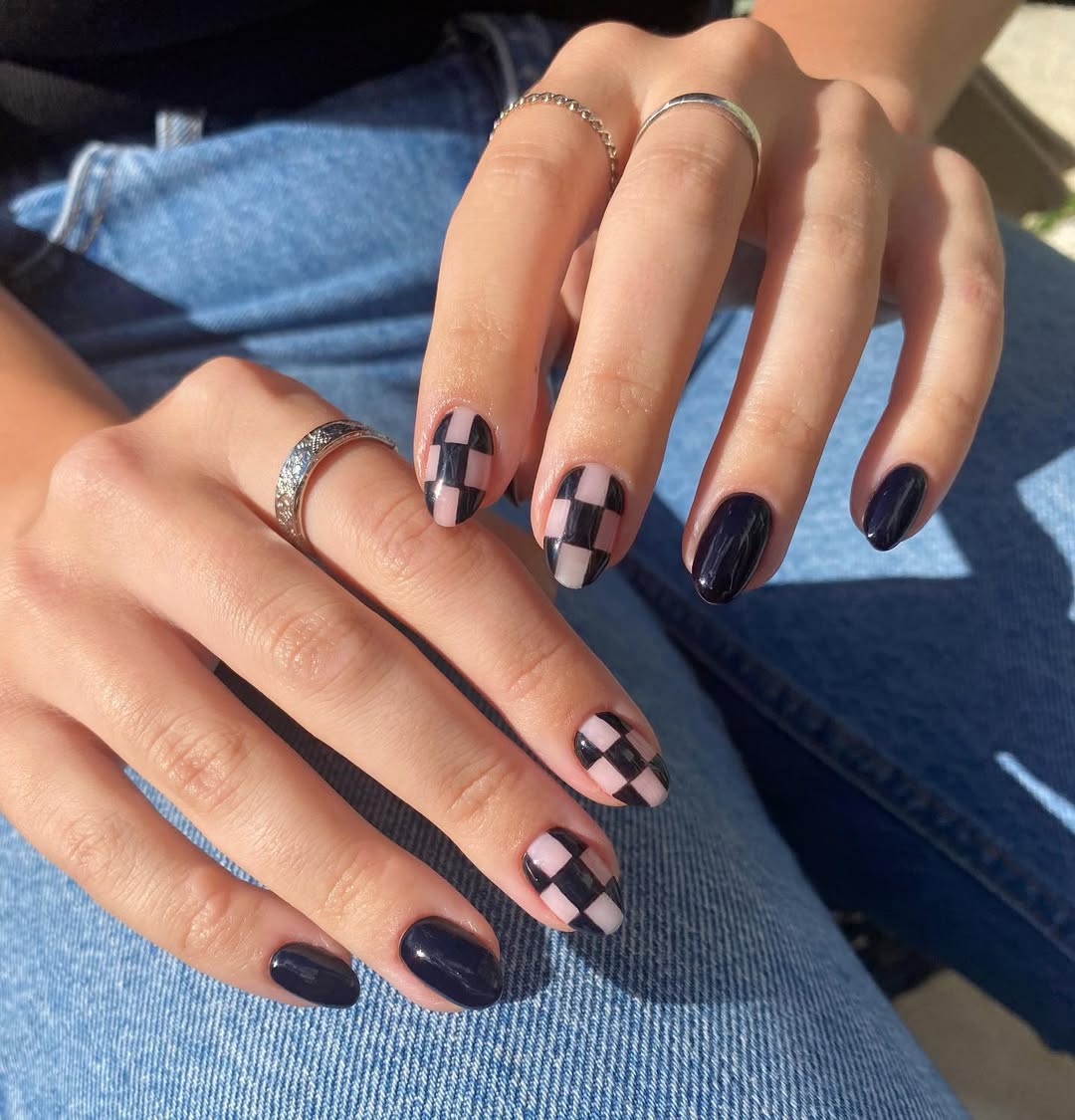 29 Checkerboard Nail Ideas for 2026 13 Glossy Black and Nude Coquette Checkerboard Nails