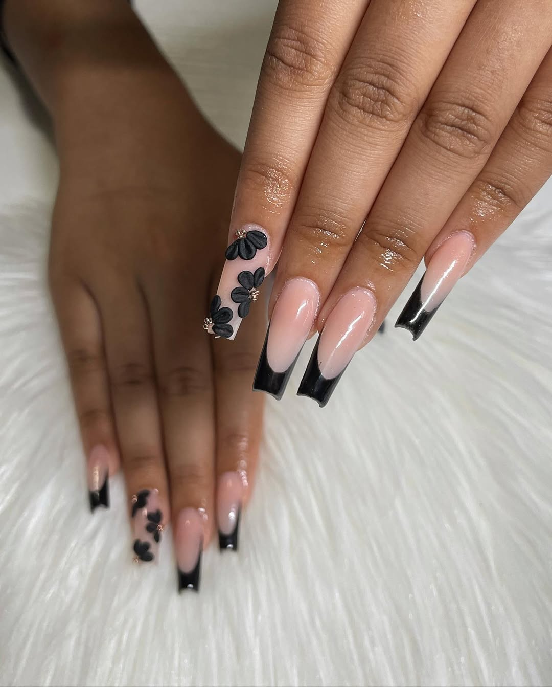 Glossy Black French Tips With 3D Floral Accents