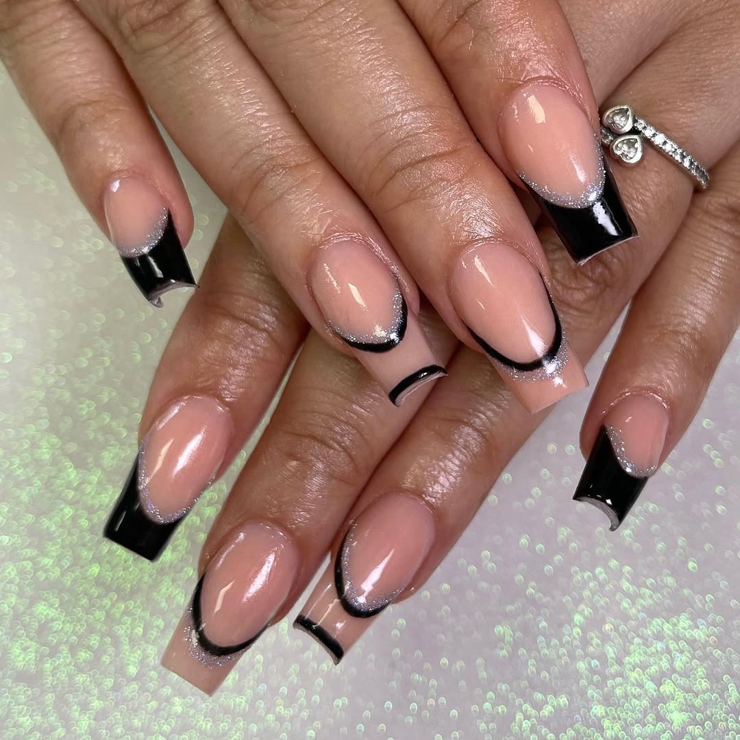 Glossy Black French Tips With Silver Glitter Outline